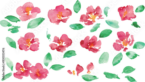 椿の和風年賀状フレーム。水彩画。水彩タッチのベクター和風背景。Japanese-style New Year's card frame with camellia flowers. Watercolor painting. Vector Japanese-style background with a watercolor touch.