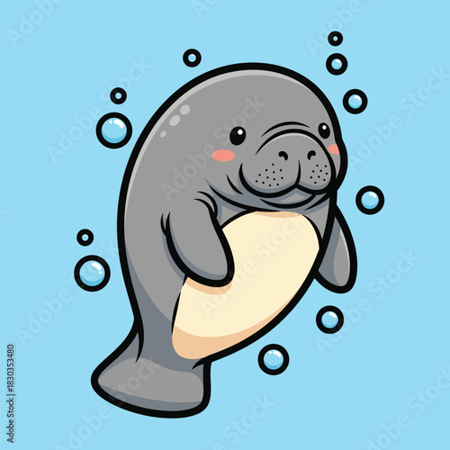 Adorable gray cartoon manatee with a gentle smile rosy cheeks and creamcolored belly.