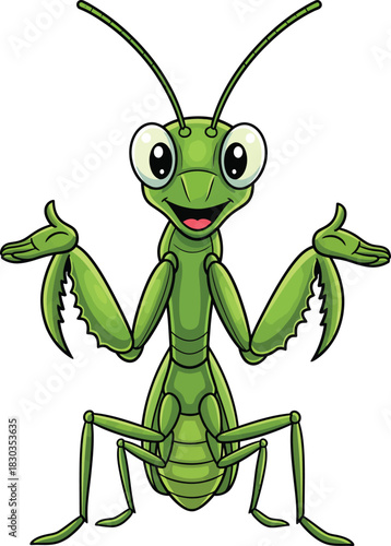 Cheerful Green Cartoon Praying Mantis Character Shrugging with a Friendly Smile and Big Eyes.