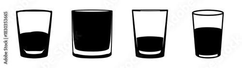 Four Glasses with Dark Liquid: Two Half Full, One Full, One Partially Full, Flat Design Vector Illustration