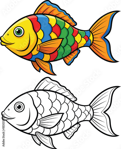 Colorful cartoon fish with vibrant scales and a black and white line art version for coloring.