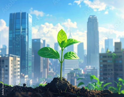 Sprout emerges in urban setting, skyscrapers backdrop