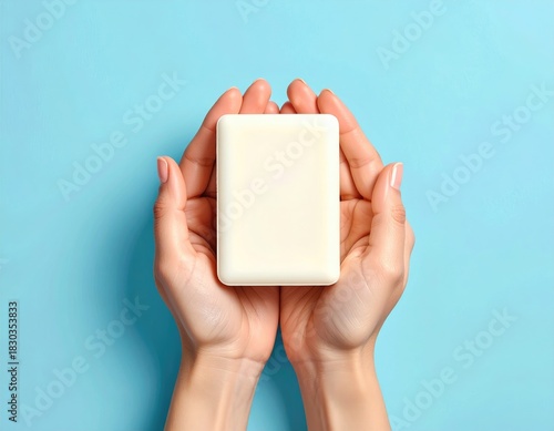 Soap bar held in woman's hands on light blue background