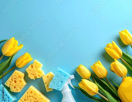 Spring cleaning yellow tulips, sponges, on blue backdrop
