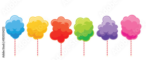 Colorful Cotton Candy Set with Rainbow Flavors on White Background