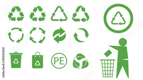 Green Recycling Icons Set with Eco Symbols, Circular Arrows and Waste Disposal Graphics