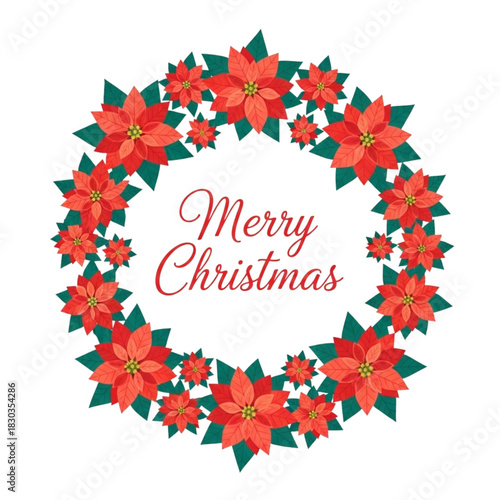 Festive Merry Christmas poinsettia wreath for holiday greetings and seasonal designs, adding cheer to your cards and festive projects