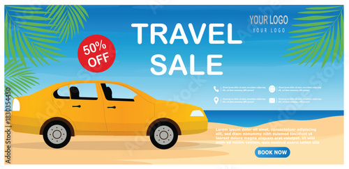 Travel Sale Banner with Yellow Car, Beach Background and 50% Off Promotion