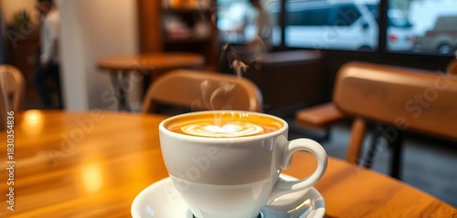 Steaming cappuccino in a white ceramic cup on cafe table, relaxing, dark roast