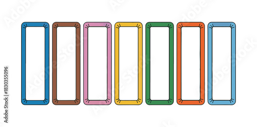 Set of seven colorful rectangular frames with rounded corners arranged horizontally, perfect for labels or placeholders