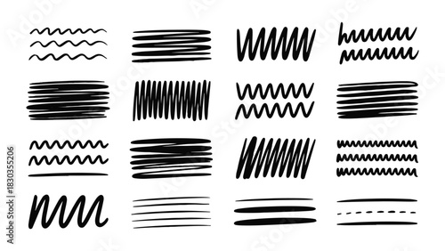 Collection of hand drawn black scribble lines, various doodle strokes, and sketchy underlines for design element