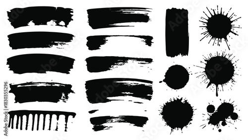 Collection of black ink brush strokes, paint splatters, and grunge texture elements for graphic design use