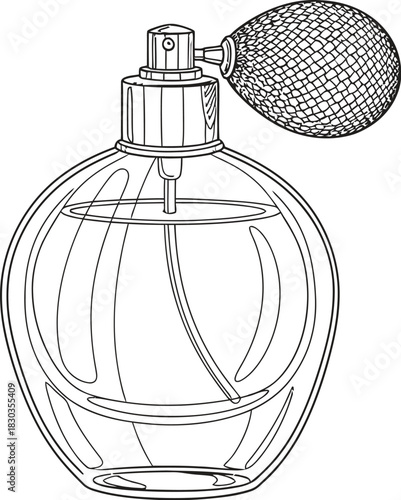 Elegant vintage perfume bottle with a bulb atomizer, showcasing fragrance, scent, and luxury, rendered in a black and white outline style