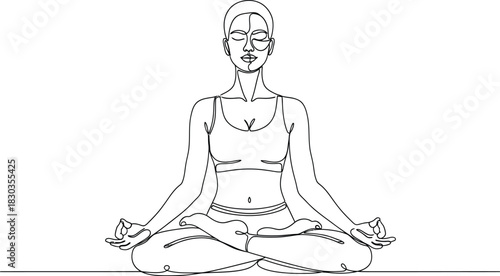 Continuous line drawing of a woman meditating in a lotus position