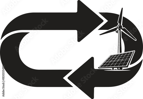 Black icon representing renewable energy cycle with a large circular arrow encompassing a wind turbine and solar panel, symbolizing sustainability