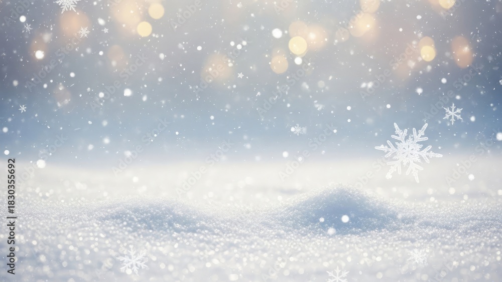 Fototapeta premium A serene winter scene featuring falling snowflakes over fresh snow.