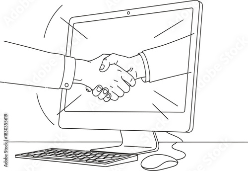 Computer monitor displaying two hands shaking in a handshake, symbolizing agreement and online business deal