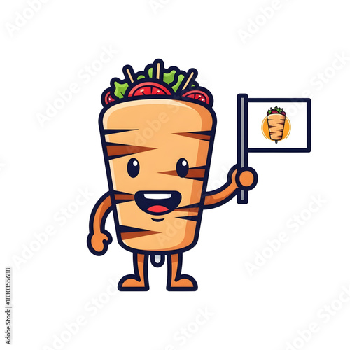Cartoon Doner Kebab Character Holding Flag Illustration
