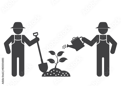 farmer  with shovel and watering can water shower plant in soil icon