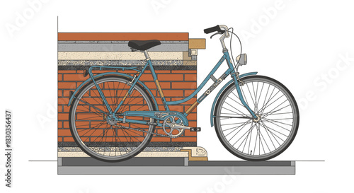 A classic light blue vintage bicycle is neatly parked against a textured brick wall section, rendered in a clean, minimalist illustration style, perfect for urban design concepts.