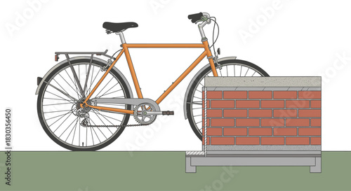 A classic orange bicycle with a rear rack is neatly parked beside a modern brick planter on a grassy patch, depicted in a clean, minimalist illustration style.