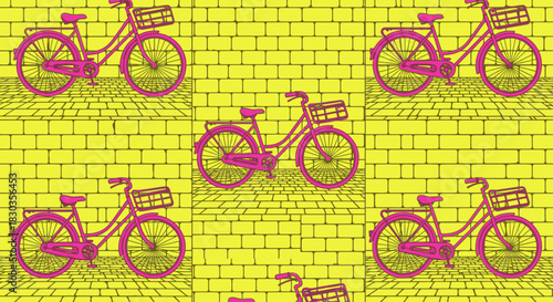 A vibrant, repeating pattern showcases bright pink vintage-style bicycles, each equipped with a basket, set against a bold yellow brick wall background.
