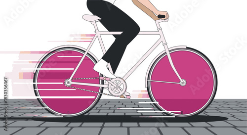 Stylized illustration of a person pedaling a contemporary bicycle with bright pink wheels, demonstrating rapid movement and eco-friendly city travel.