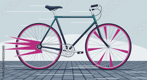 A modern bicycle with vibrant pink wheels is dynamically illustrated, speeding across an urban road, embodying rapid motion and eco-friendly city travel.