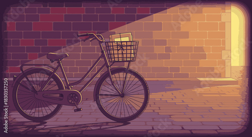 A stylish vintage bicycle, rendered in a clean graphic illustration with a limited color palette, leans against a textured brick wall, symbolizing urban mobility.