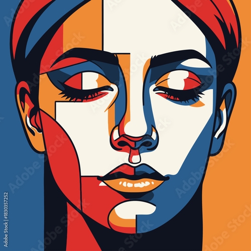 Abstract Woman's Face Art: Modern Cubist Illustration in Bold Colors for Contemporary Design