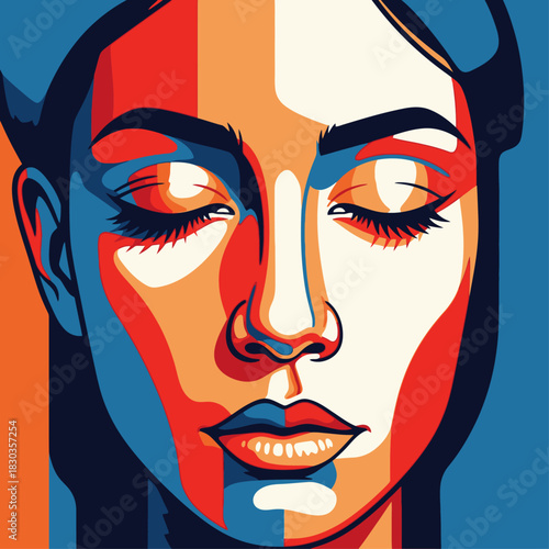 Abstract Woman's Face Art: Modern Cubist Illustration in Bold Colors for Contemporary Design