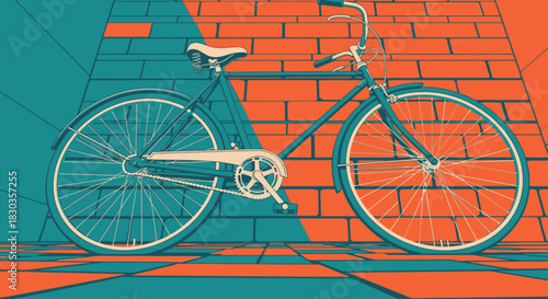 A stylish vintage bicycle with a classic design stands against a vibrant, contrasting brick wall and checkered floor, depicted in a modern graphic illustration.
