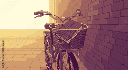 A classic bicycle featuring a book in its front basket is parked against a weathered brick wall, bathed in soft light, symbolizing serene urban exploration.