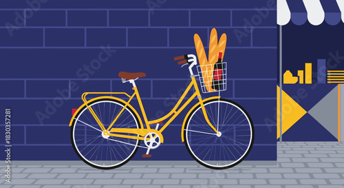 A yellow bicycle with baguettes and a bottle in its basket is parked on a cobblestone street against a blue wall, illustrating European market life.