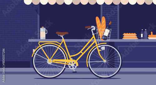 A charming yellow vintage bicycle, laden with fresh baguettes and a bottle, parked outside a quaint European cafe under a striped awning, depicting a serene urban scene.