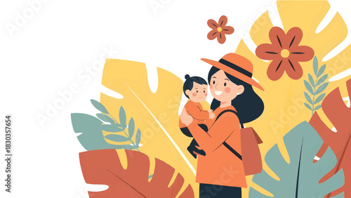 Caring mother holding her baby surrounded by vibrant plant life