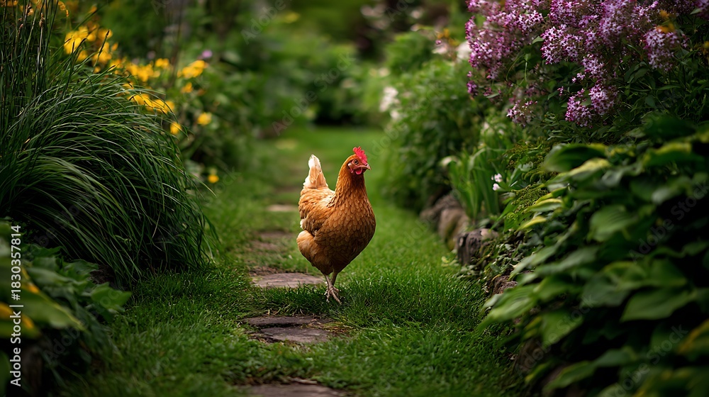 Obraz premium A red-billed stork bird in the green grass with farm poultry animals like a white chicken, brown hen, and red rooster