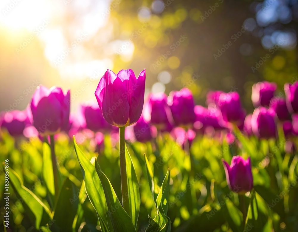 Fototapeta premium Close-up of vibrant purple tulips with sunlight backlighting