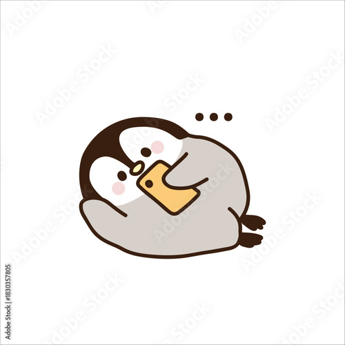 Cute lazy penguin playing smartphone illustration. Doodle. Hand drawn. Vector. Illustration.