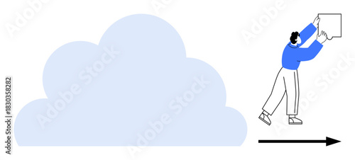 Cloud technology. Cloud storage and data sharing with a person uploading or transferring information to the cloud. Cloud services for IT, remote work, collaboration tools, innovation