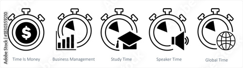 A set of 5 business icons as time is money, business management, study time