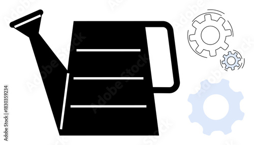 Black watering can combined with three gears in motion symbolizing nurturing growth, innovation, and development. Ideal for business strategy, teamwork, productivity, efficiency, systems