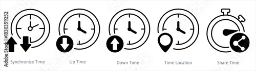A set of 5 business icons as synchronize time, up time, down time