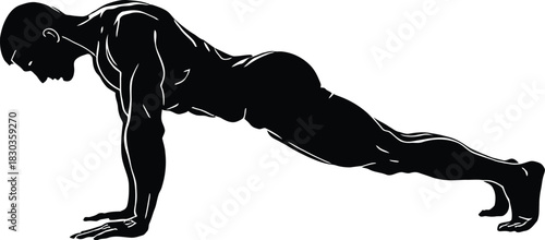 Black Silhouette Vector of Person Performing Push-Up in Proper Plank Position to Represent Physical Fitness and Bodyweight Exercise