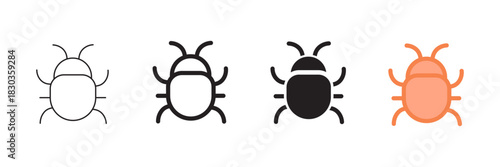Set of minimalist bug icons with transparent background, depicting software error symbols for user interface designs, web development, and digital security, vector illustration
