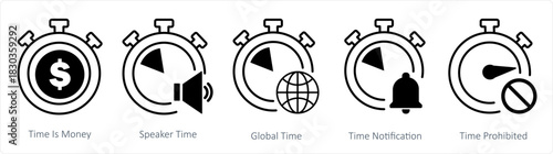 A set of 5 business icons as time is money, speaker time, global time