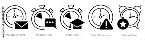 A set of 5 business icons as message on time, message time, study time