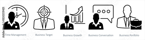 A set of 5 business icons as time management, business target, business growth