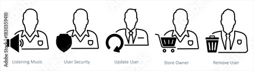 A set of 5 business icons as listening music, user security, update user