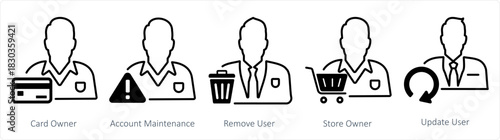 A set of 5 business icons as card owner, account maintenance, remove user